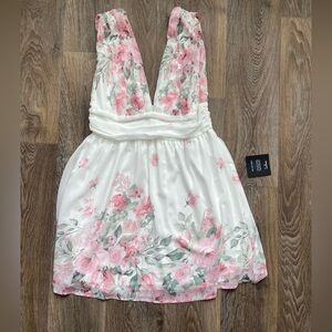 Lulus Floral Chiffon Mini Dress NWT Ivory Pink Cottagecore Wedding Guest M